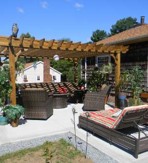A patio with a pergola and outdoor plants