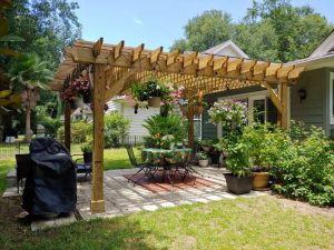 A pine pergola with hanging plants