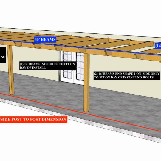 Mark Lopez 13' 4-3/4" x 45'  Custom Attached Melbourne with (14) Rafters No Notches (2) 14' beams for center post no holes, (4) 16' Beams End shape on 1 side only and no holes in beams and (3) 16' ledger board. - Image 1