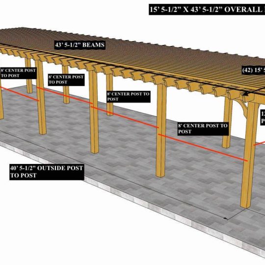 Dwynne Belton 15' 5-1/2" x 43' 5-1/2" Custom Freestanding Big Kahuna (12) posts pergola -(12) center beams send 8'6" no  holes in beams, (8) end beams at 10' no holes with custom end shapes 2" down and 45 degree angle in. THIS APPLIES ON RAFTERS AS WELL. Sending all beams long to trim down on day of install - Image 1