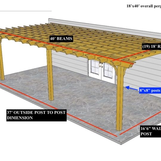 Robert Ettori 18'X40'   Custom Attached Sombrero WITH 8"X8"X10' POSTS- NO TOP SLATS  **1" NOTCH DEPTH ON EACH SIDE OF POSTS FOR BEAM ASSEMBLY *** NO NOTCHES IN RAFTERS  OVER BEAM AND NO HOLES IN BEAMS - Image 1