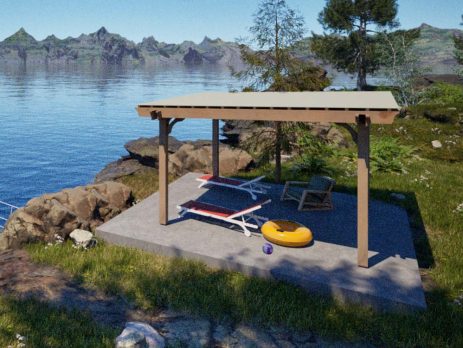Outdoor freestanding pergola next to lake