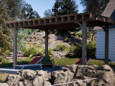 Outdoor freestanding pergola near rocks